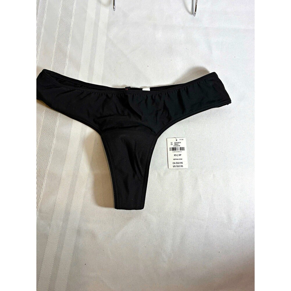 Victoria's Secret PINK Black XS Thong Panties Stretch Logo Polyamide Spandex
